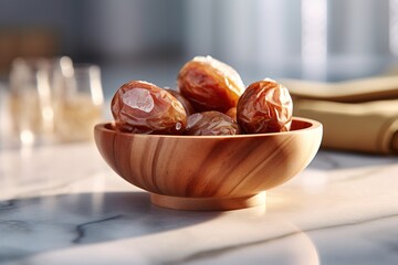 Portrait date fruits on the wooden bowl with light exposure AI Generative