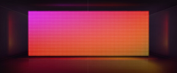 Wall Mural - Led screen with light effect on stage. Background with digital monitor with color pixels, video panel with light dots for concert, show or cinema, vector realistic illustration