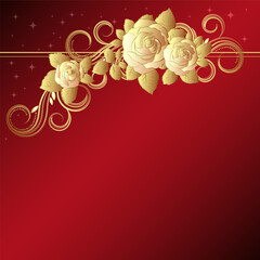 Wall Mural - Red background with golden roses, vector illustration - Illustration for your design