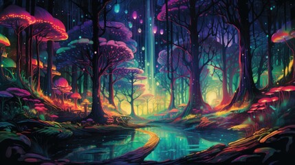 a surreal journey through a psychedelic multicolored forest