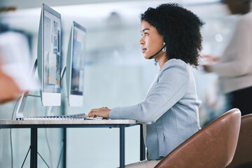Call center, customer service and woman at computer with a headset on contact us website. African person as crm, telemarketing and sales or technical support agent with headphones, focus and desktop