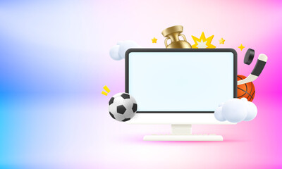 Poster - Computer monitor with sports elements and blank screen. 3d vector banner with copy space
