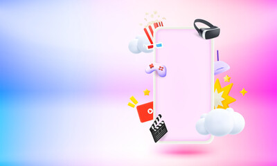 Poster - Modern smartphone with video entertainment elements and blank screen. 3d vector banner with copy space
