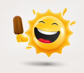 Poster - Happy sun emoji with icecream in a hand. 3d vector isolated on white background