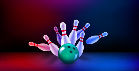 Aufkleber - Billiard skittles and the ball on bowling valley. 3d vector illustration. Strike concept