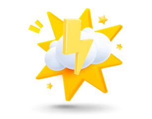Poster - Cloud with bolt with explosion effect. 3d vector mobile application icon with notification