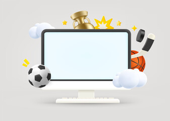 Poster - Computer monitor with sports elements and blank screen. 3d vector illustration
 