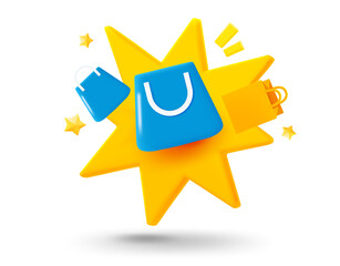 Fototapete - Shopping bags with explosion effect. 3d vector mobile application icon with notification