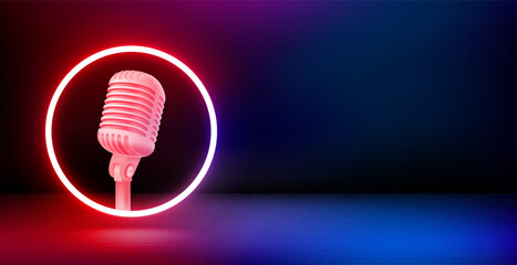 Poster - Product showcase and shining neon frame with microphone. 3d vector banner with copy space