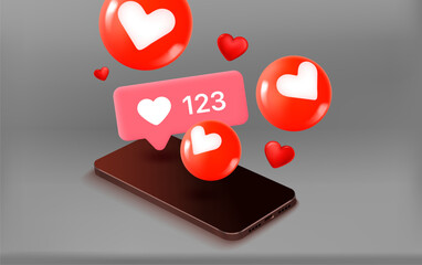 Aufkleber - Social media notification bubbles with hearts and smartphone. 3d vector concept