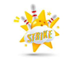 Fototapete - Cloud with bowling skittles and explosion effect. 3d vector illustration. Strike concept