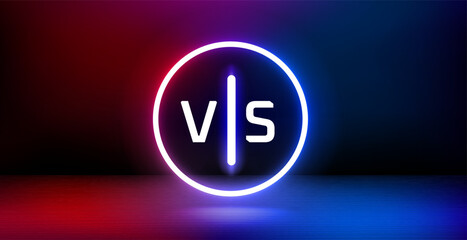 Poster - Showcase and shining neon frame and versus sign. 3d vector banner with copy space