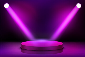 Poster - Interior with stage and shining violet projectors. 3d vector illustration
