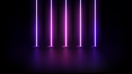 Sticker - Abstract studio with glowing violet neon lights. 3d vector illustration