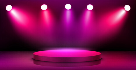 Poster - Empty interior with stage and shining projectors. 3d vector illustration
