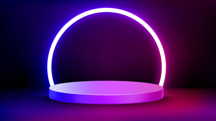 Poster - Interior with stage and shining neon arc. 3d vector illustration