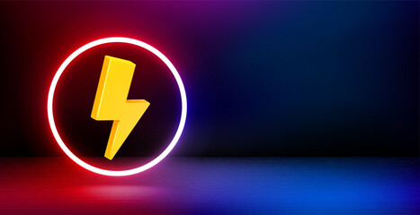 Poster - Product showcase and shining neon frame with thunderbolt sign. 3d vector banner with copy space