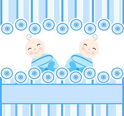 Sticker - vector illustration of the twins boys on blue striped background