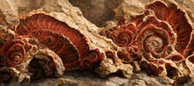 Fossilized Ammonite Sea Shell Spirals Embedded Into Rustic Brown Red Desert Sandstone Rock. Ancient Prehistoric Layered And Ridged Stone Texture With Detailed Surface Patterns - Generative Ai