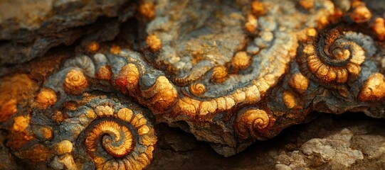 Canvas Print - Fossilized ammonite sea shell spirals embedded into rustic brown red desert sandstone rock. Ancient prehistoric layered and ridged stone texture with detailed surface patterns - generative ai