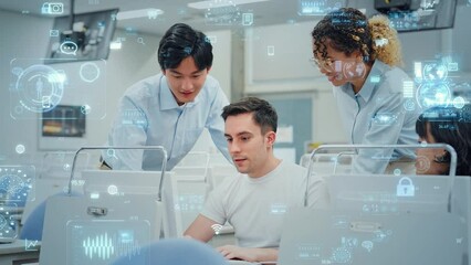 Poster - Mixed media of multinational people working in office and digital technology concept. Worldwide business. System engineering.
