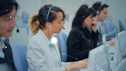 Aufkleber - Mixed media of multinational people working in office and communication network concept. Worldwide business. Telemarketing.