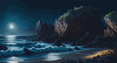 Wall Mural - oil painting-style image of a rugged beach cliff at night, with the shimmering moonlight casting dramatic shadows and highlighting the textures of the rocks
