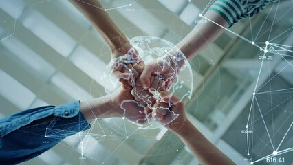 Mixed media of group of people making circle and global communication network concept. Social networking.
