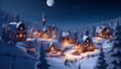 Enchanting Winter Wonderland:  Scene for Winter Experience the Magic of Santa's Village in the North Pole a Full Moon at Night. Immerse Yourself in Christmas Village., Generative AI.