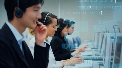 Poster - Mixed media of multi national operator working in call center and digital technology concept. Worldwide business. Telemarketing.