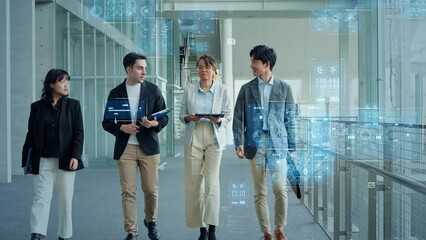 Poster - Mixed media of group of multinational businesspeople meeting in lobby and digital technology concept. Worldwide marketing.
