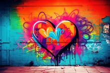 Illustration Of A Love Symbol In The Form Of A Colorful Graffiti Heart On A Wall, Generative AI.