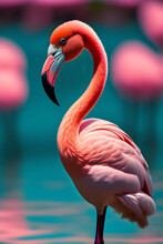 Beautiful Pink Flamingo Close-up On A Turquoise Background. AI Generated.