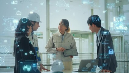 Poster - Mixed media of group of multinational businesspeople and engineers meeting in lobby and digital technology concept. System engineering.