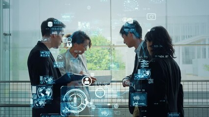 Aufkleber - Mixed media of group of multinational businesspeople meeting in lobby and digital technology concept. Worldwide marketing.