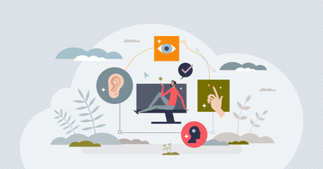 Web accessibility and assistance for disabled users tiny person concept. Deaf or blind patient easy browser or website usage vector illustration. Online site development with touch sensitive help.