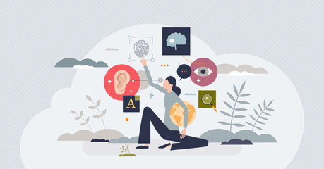 Web accessibility and easy online browsing assistance tiny person concept. Help tools for users with hearing or sight problems vector illustration. Adjustable internet site usage for deaf or blind.