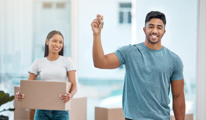 Sticker - Box, key and portrait of couple in new house excited for property, apartment and real estate investment. Relationship, moving day and man and woman with keys carry boxes for relocation, move and home