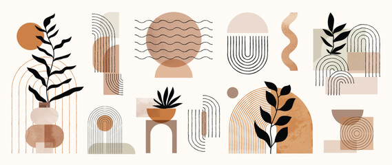 Wall Mural - Hand drawn abstract minimal element mid century vector set. Aesthetic contemporary stripe line art, watercolor geometric shapes, leaf in earth tone. Design for wall art, decoration, wallpaper.