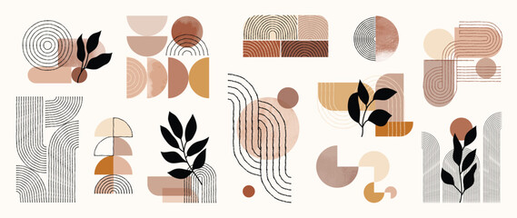 Hand drawn abstract minimal element mid century vector set. Aesthetic contemporary stripe line art, watercolor geometric shapes, leaf in earth tone. Design for wall art, decoration, wallpaper.