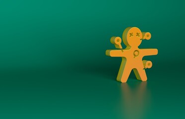 Poster - Orange Voodoo doll icon isolated on green background. Happy Halloween party. Minimalism concept. 3D render illustration