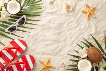 Wall Mural - Experience vibrant energy of summer through this stunning top-view display: sunglasses, flip-flops, shell, starfish, palm leaves, coconut, flowers positioned on sandy shore, with space for text or ad