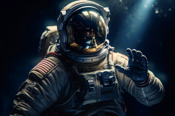 Wall Mural - astronaut showing hello hand gesture, waving his hand. generated ai