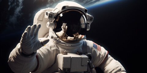 Wall Mural - astronaut showing hello hand gesture, waving his hand. generated ai