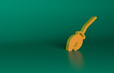 Poster - Orange Witches broom icon isolated on green background. Happy Halloween party. Minimalism concept. 3D render illustration