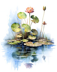 Watercolor lake with water lily isolated on white