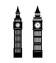 Big Ben Tower (London, UK) Silhouette Isolated On White Background. Vector Flat Illustration