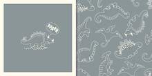 Hand Drawn Seamless Pattern With  Cute Dinos In Simple Outline Sketchy Style. Doodle Characters Animals Background. Cute Cartoon Dinosaurs, Volcano, And Plants. Vector Illustration