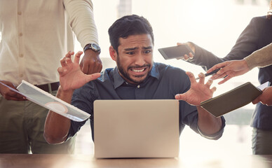 Aufkleber - Stress, laptop and business man multitasking, overworked and challenge in office. Burnout, problem and frustrated male person on computer with crisis, fail and anxiety, chaos and working on deadline.