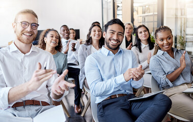 Poster - Portrait, applause and business man in an audience with a group of people clapping for a victory or achievement. Winner, wow and motivation with a team of colleagues in a coaching or training seminar